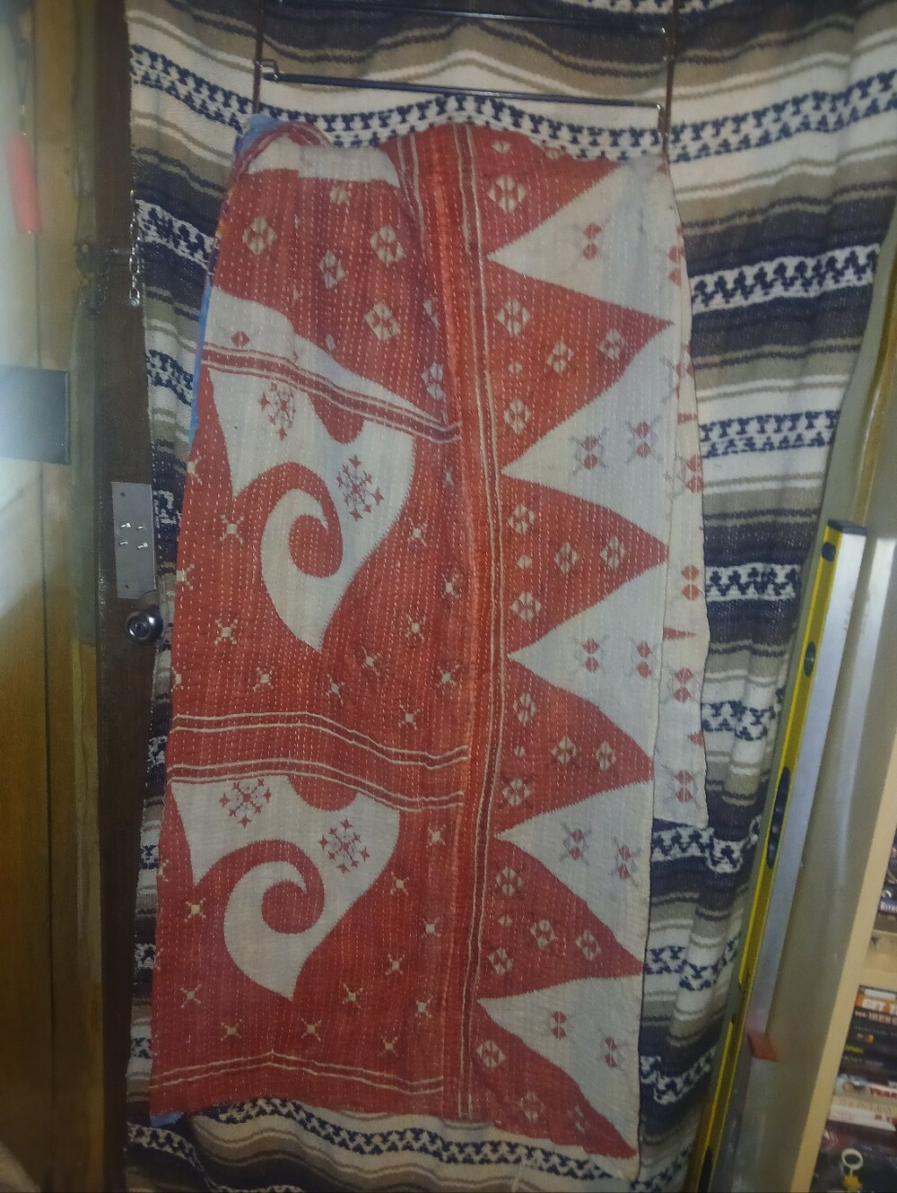 Vintage Bohemian Red and Cream Patchwork hand crafted twin blanket